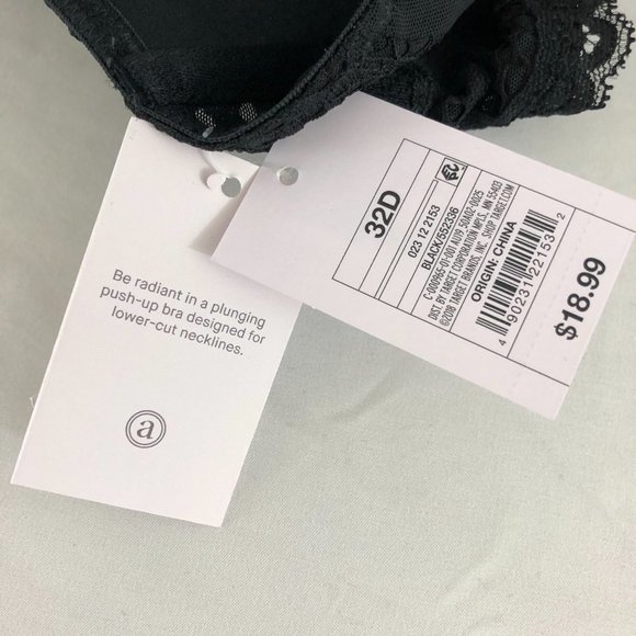 Auden Bra The Radiant Plunge Push-Up Lace Front Closure Lace Overlay Black 32D - Picture 3 of 5